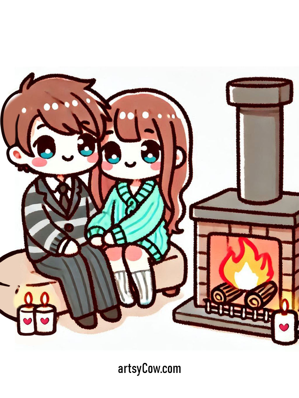 valentines drawings with couple sitting by a fireplace, featuring a cute pair snuggled together on a couch with lit candles around, conveying warmth and love.
